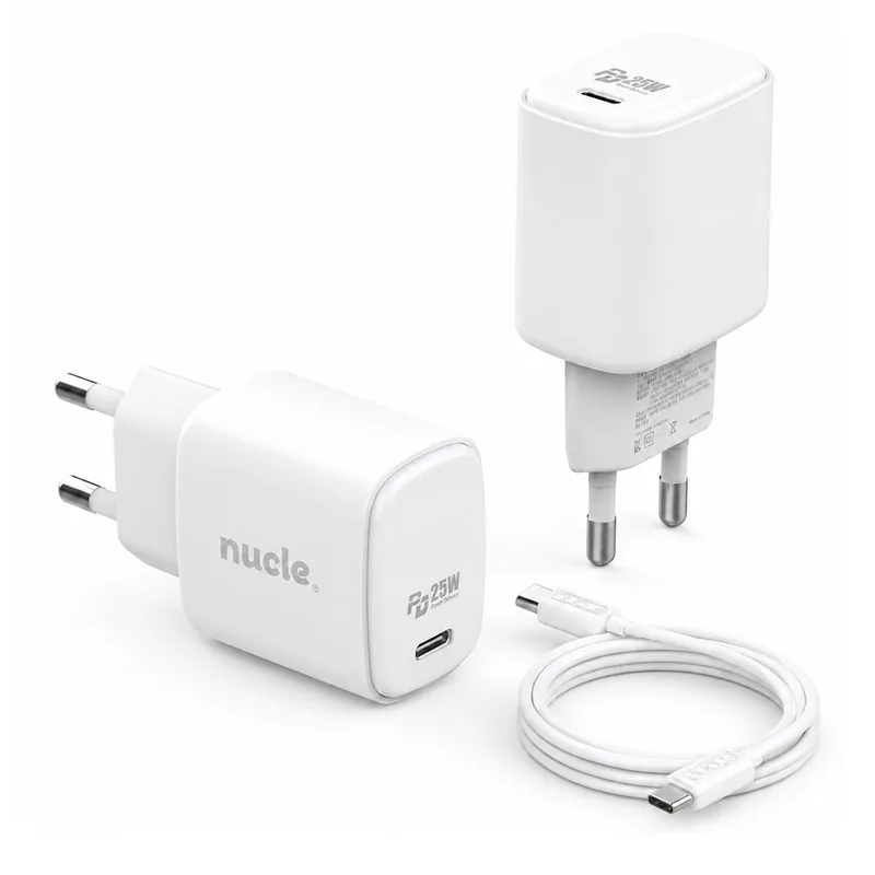 뉴클 PD 25W GaNC타입 초고속 충전기 1포트, 2개 + C to C 100W 케이블, 1m, 화이트, 1개