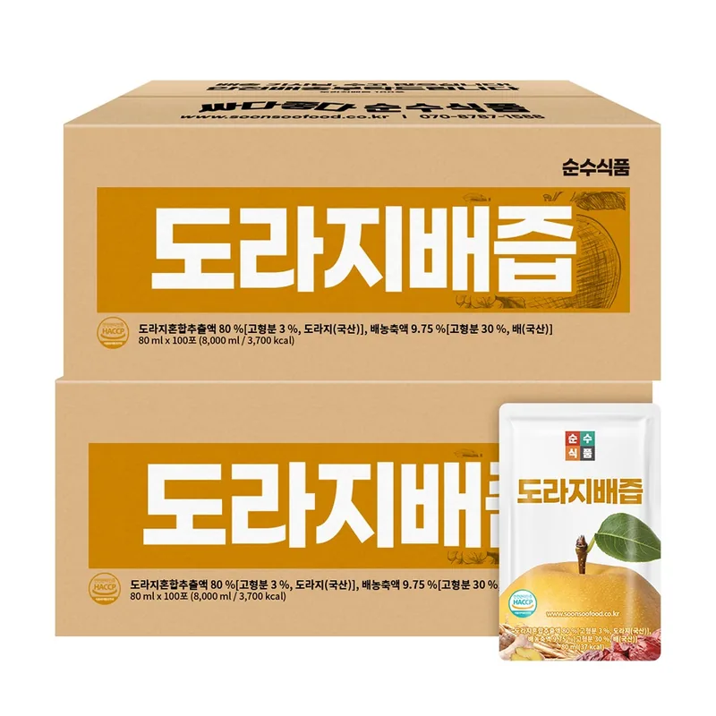 순수식품 도라지배즙, 80ml, 100포, 2박스