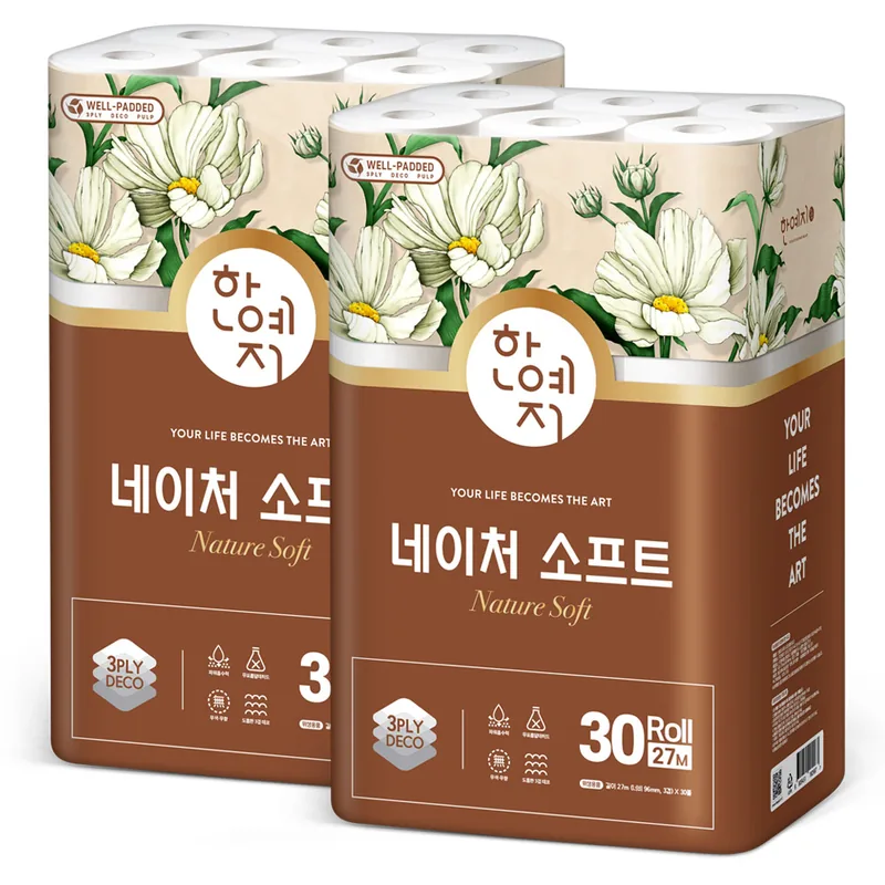 한예지 네이처 소프트 3겹 두루마리 화장지, 27m, 30롤, 2팩
