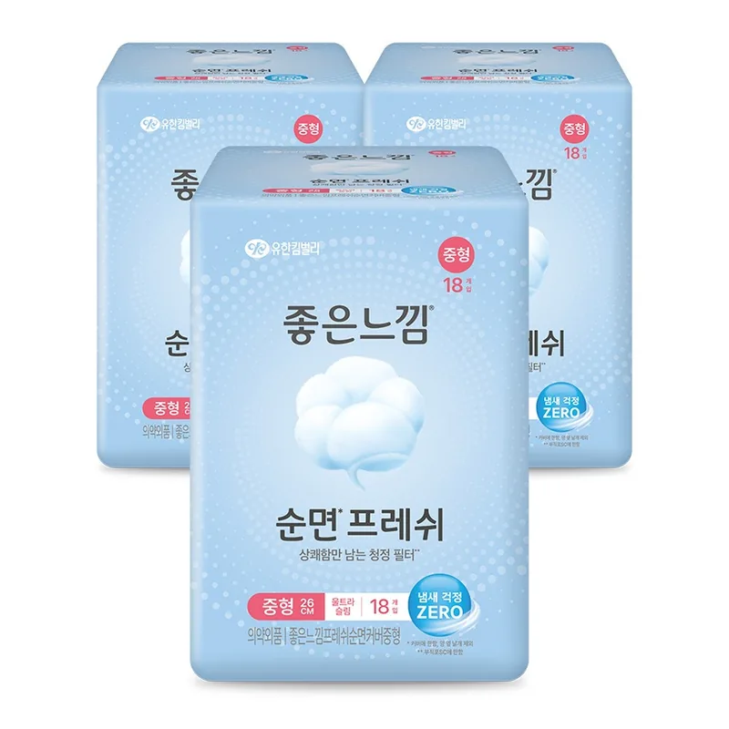 좋은느낌 순면프레쉬 생리대, 중형, 18매, 3팩