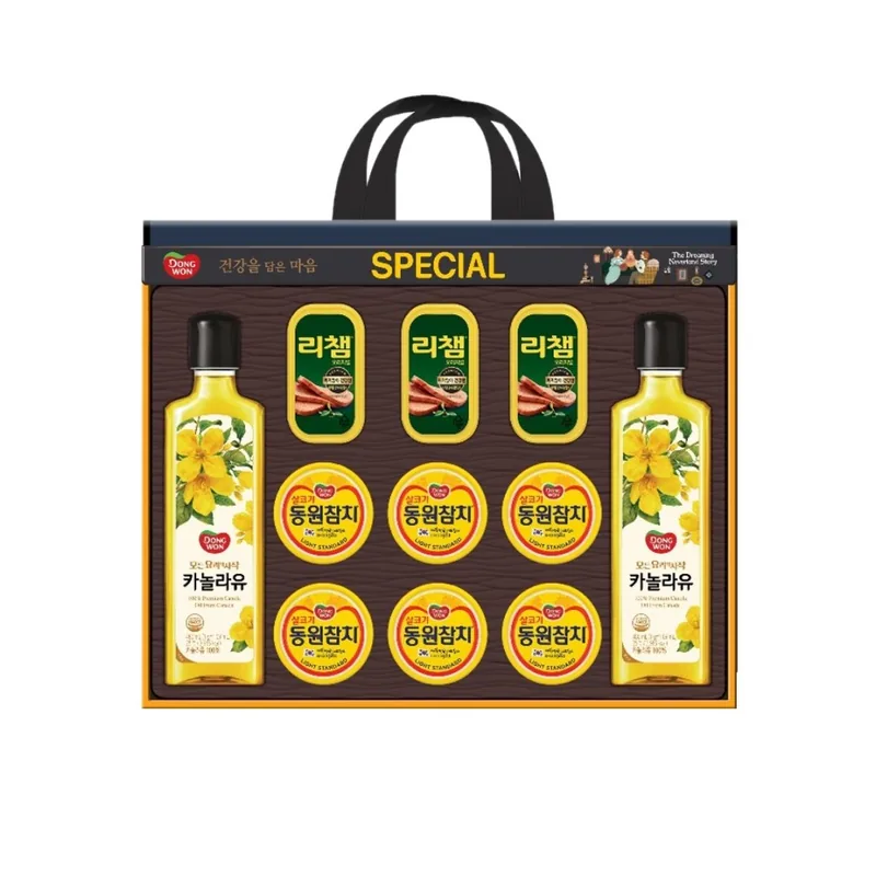 동원 스페셜5호 선물세트, 살코기참치 90g 6캔 + 리챔 오리지널 120g 3캔 + 카놀라유 480ml 2병, 1세트