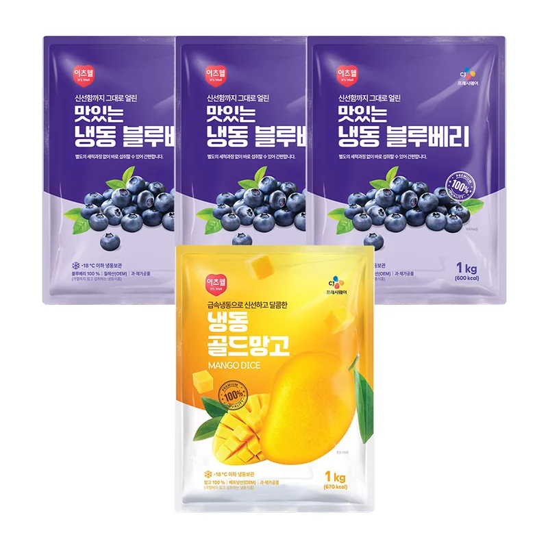 CJ프레시웨이 이츠웰 냉동블루베리 1kg 3개 + 골드망고 1kg 1개, 1세트