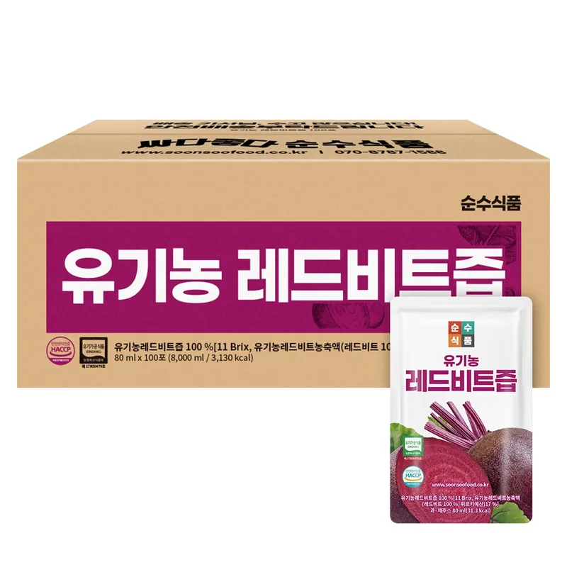 순수식품 유기농 레드비트즙, 80ml, 100포, 1박스