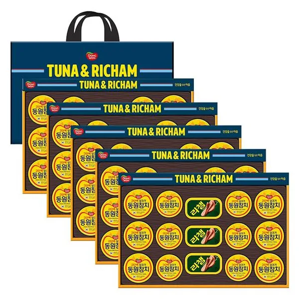 동원 튜나리챔 Y호 선물세트, 동원 살코기 참치 135g 6캔 + 동원 라이트 스탠다드 참치 90g 6캔 + 리챔 오리지널 120g 3캔, 5세트