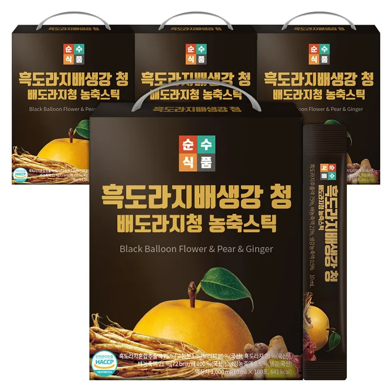 순수식품 흑도라지배생강청 스틱, 10ml, 100포, 4박스