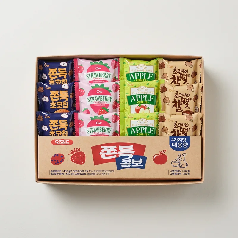 청우 쫀득 4종세트, 쫀득초코칩 20g 20봉 + 초코파이 찰떡 21.5g 20봉 + 찰떡쿠키 오리지널 21.5g 20봉 + 그랑쉘 사과 19.5g 20봉, 1세트