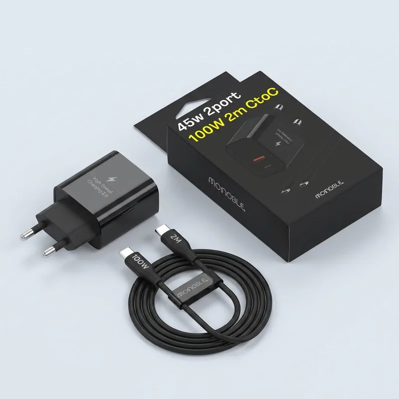 모노블 45W 2포트 초고속 충전기 + 100W 2m CtoC 케이블 세트, 블랙, 1개