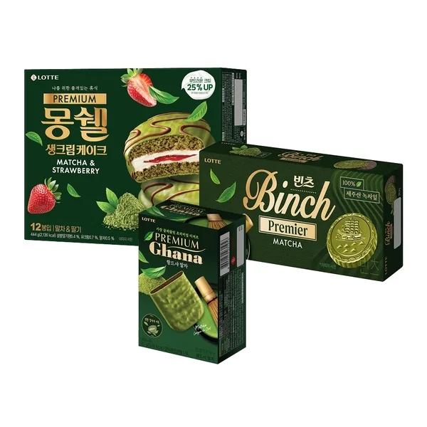 롯데웰푸드 프리미엄 가나 랑드샤 말차쇼콜라 + 몽쉘 말차 1개 + 빈츠 말차 1개, 91g + 444g + 102g