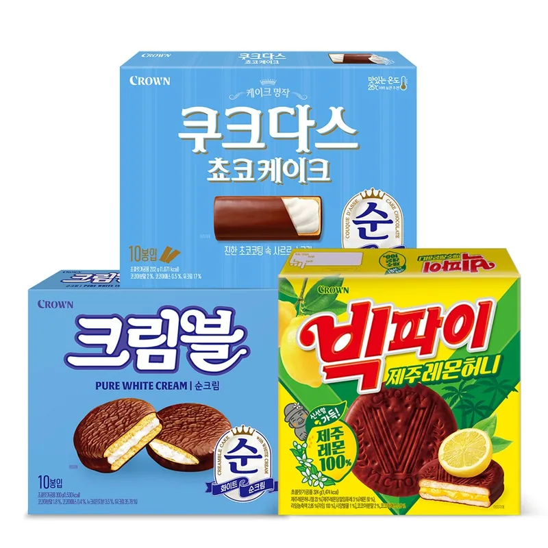 크라운 쿠크다스 초코케이크 202g + 크림블 순크림 300g + 빅파이 레몬 324g, 1세트