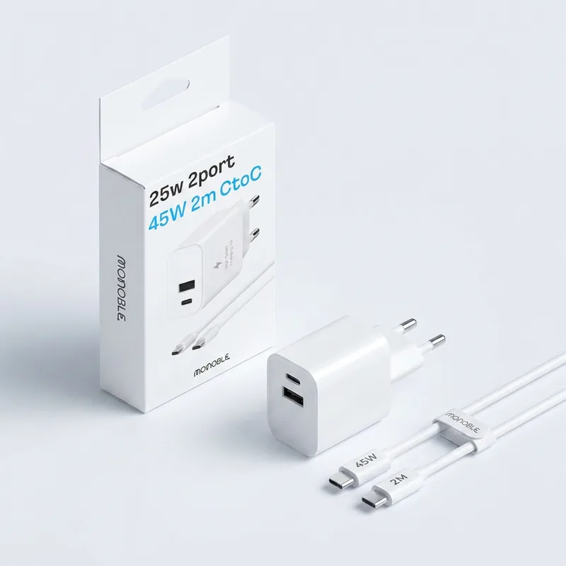 모노블 25W 2포트 초고속 가정용 충전기 + 45W 2m C to C 케이블 세트, 화이트, 1개