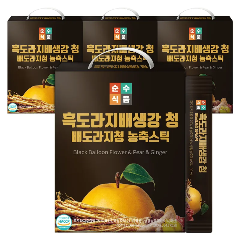 순수식품 흑도라지배생강청 스틱, 10ml, 100포, 4박스