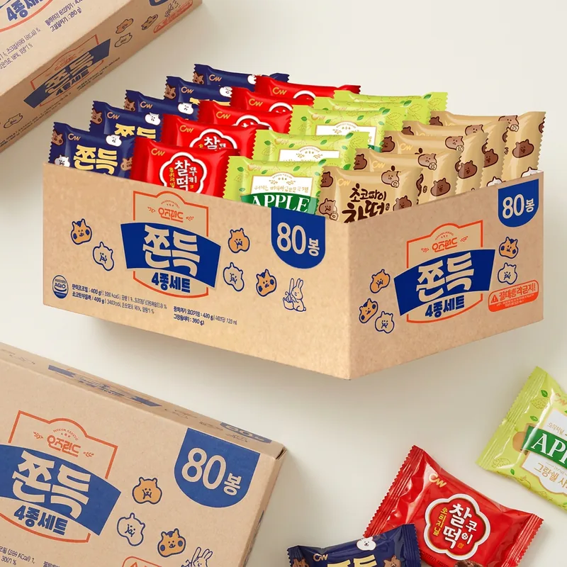 청우 쫀득 4종세트, 쫀득초코칩 20g 20봉 + 초코파이 찰떡 21.5g 20봉 + 찰떡쿠키 오리지널 21.5g 20봉 + 그랑쉘 사과 19.5g 20봉, 2세트