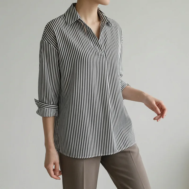 쉬블림로브 여성 스트라이프 반오픈 카라 데일리 블라우스 GW0607, 원컬러, FREE