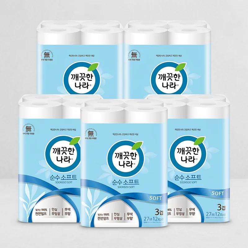 깨끗한나라 순수 소프트, 3겹, 27m, 12롤, 5팩