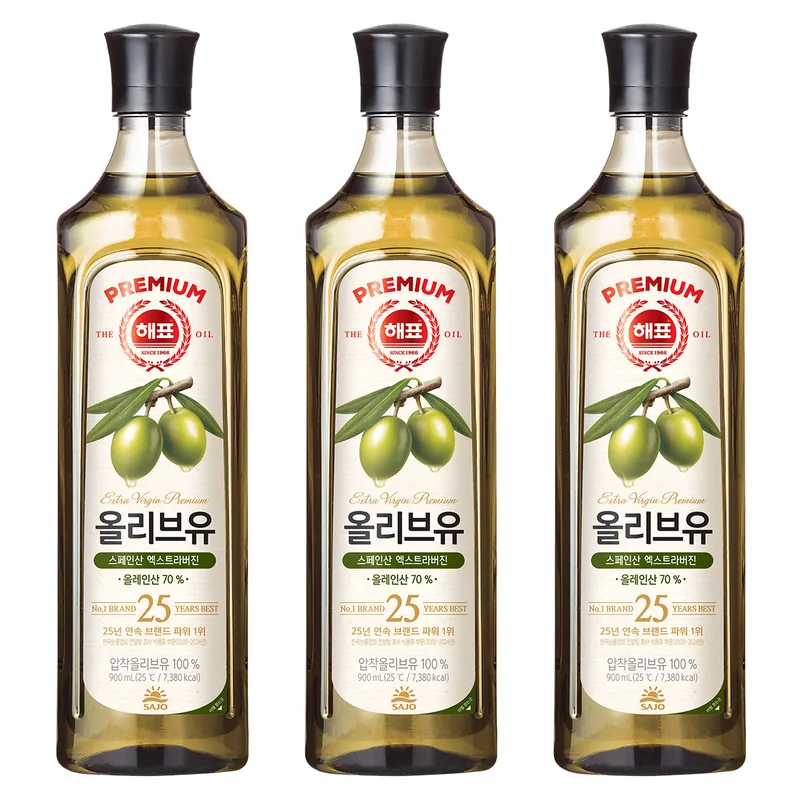 해표 엑스트라버진 압착 올리브유, 900ml, 3개