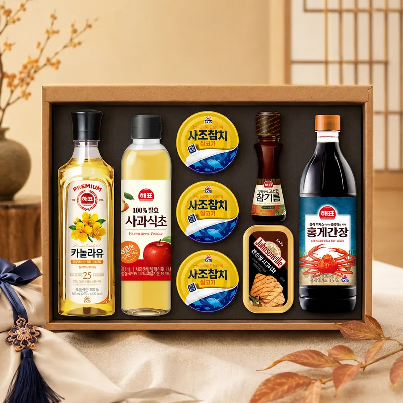 사조 안심특선 V26호, 카놀라유 500ml 1개 + 사과식초 500ml 1개 + 살코기참치 85g 3개 + 고소한참기름 55ml 1개 + 잔슨빌 시그니처 115g 1개 + 홍게간장 500ml 1개, 1세트